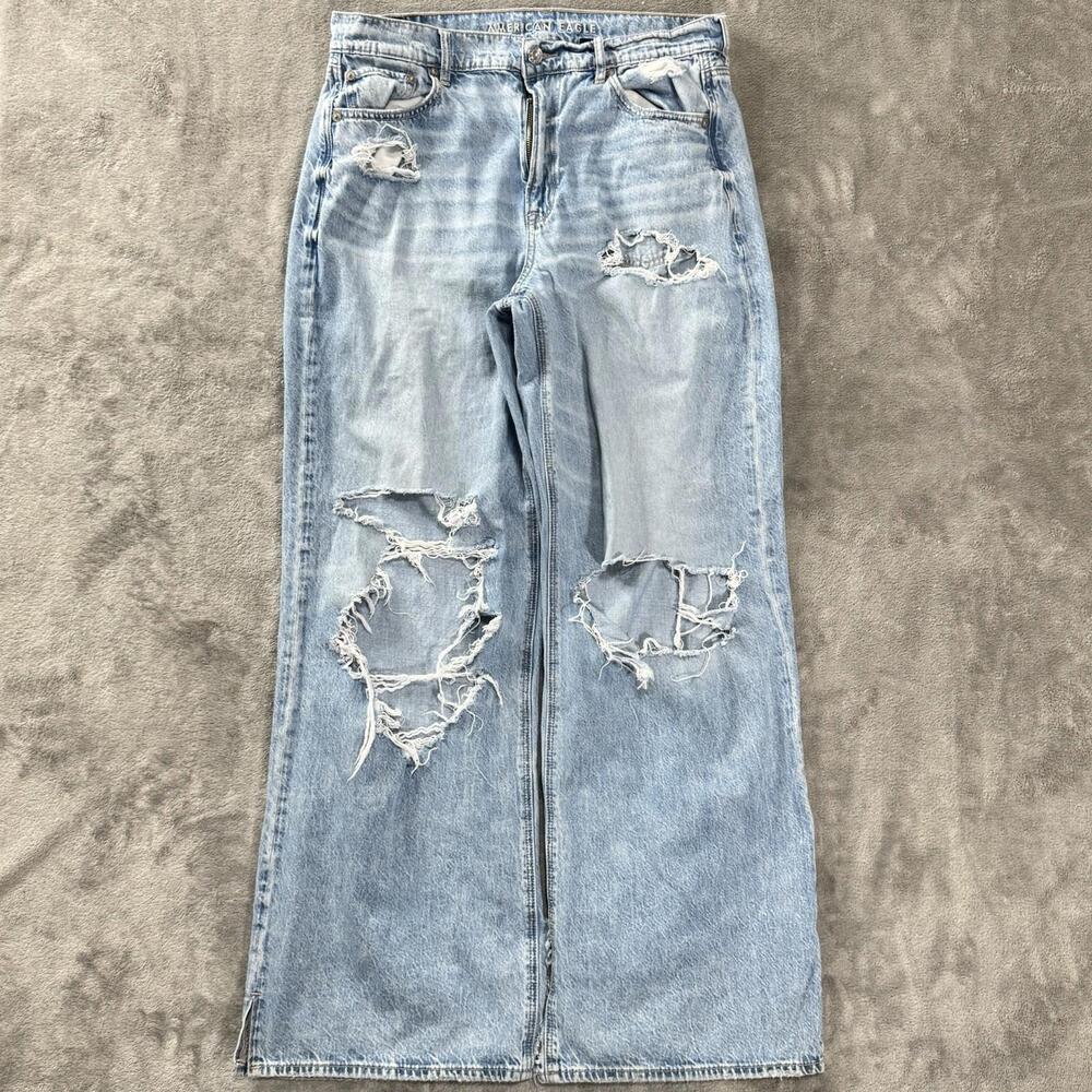 American Eagle Jeans Womens 8 Blue Super High Rise Baggy Wide Leg Ripped Denim